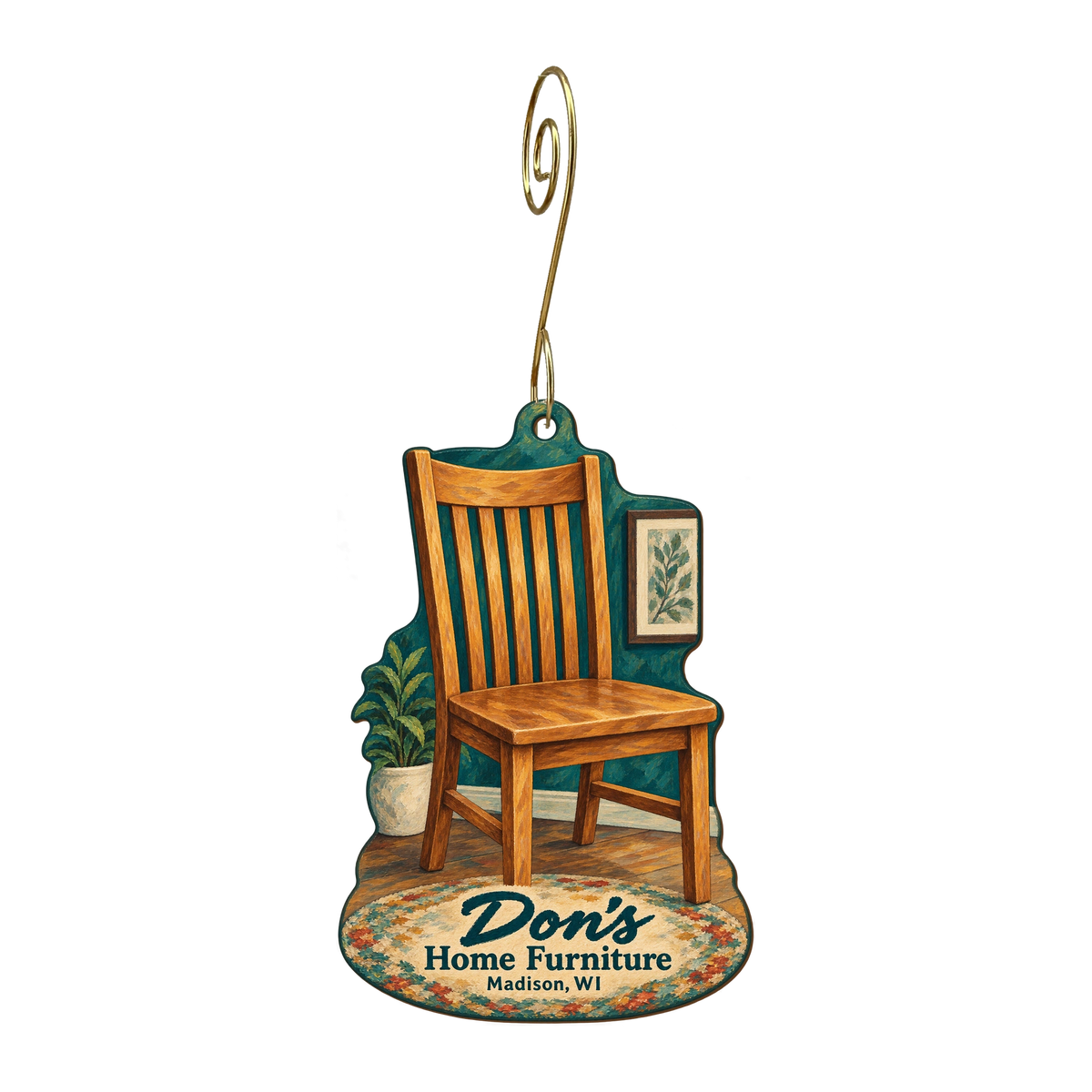 Don's Home Furniture — Store identity custom wood ornament OC1676, photographic gold spiral hook