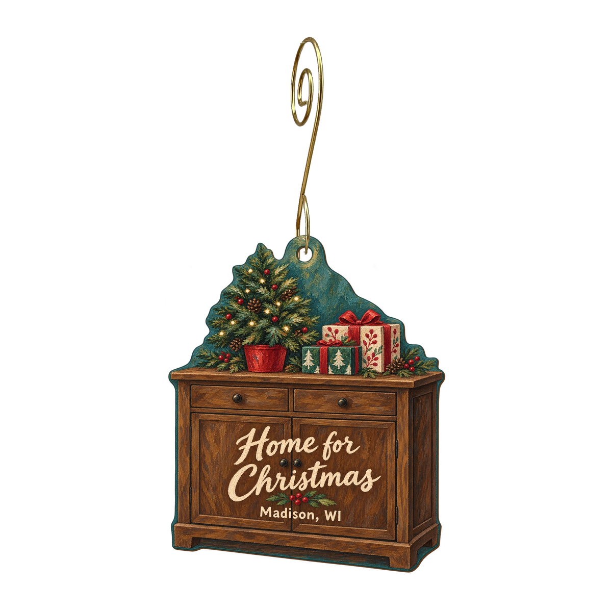 Don's Home Furniture — Christmas custom wood ornament OC1677, photographic gold spiral hook
