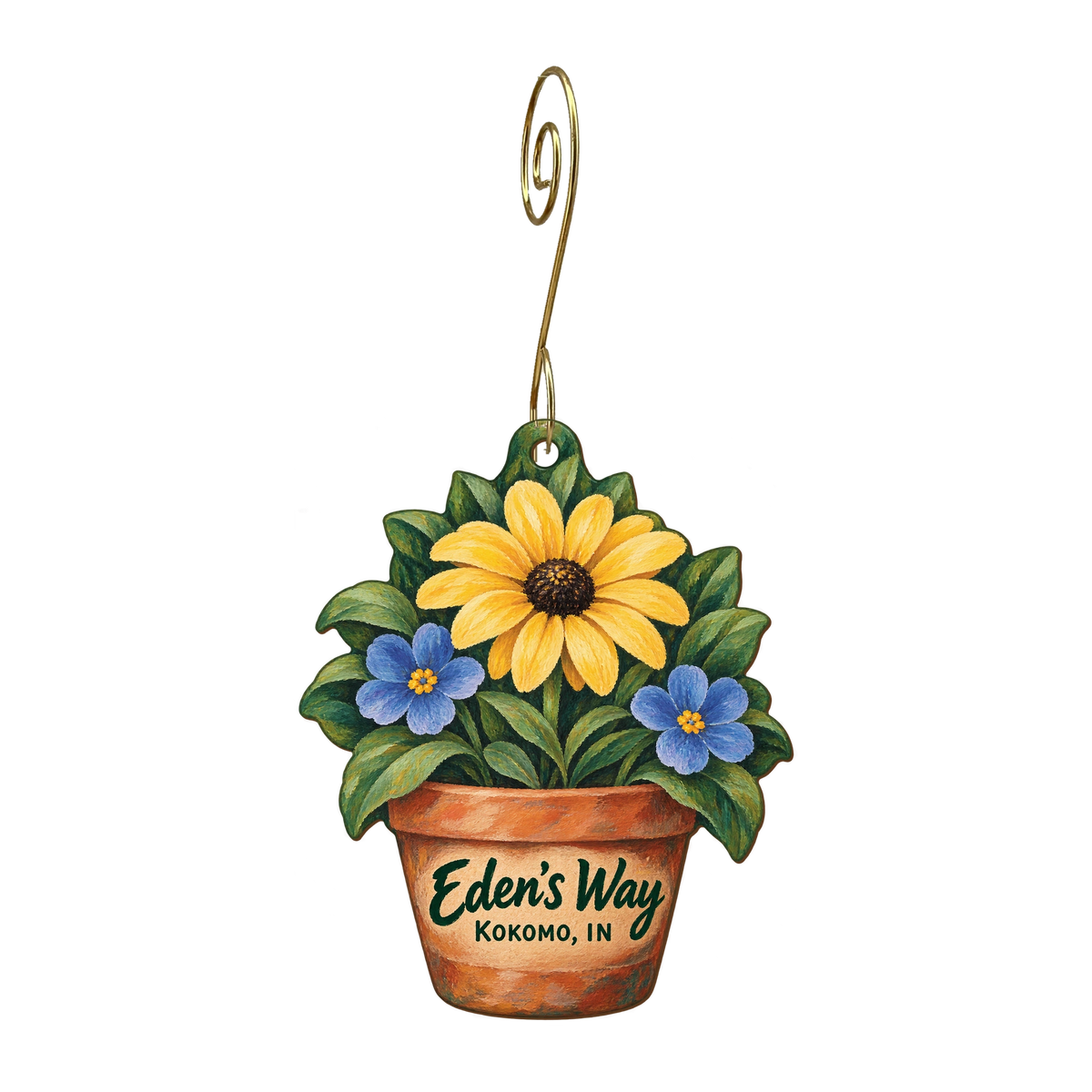 Eden's Way — Store identity custom wood ornament OC1679, photographic gold spiral hook