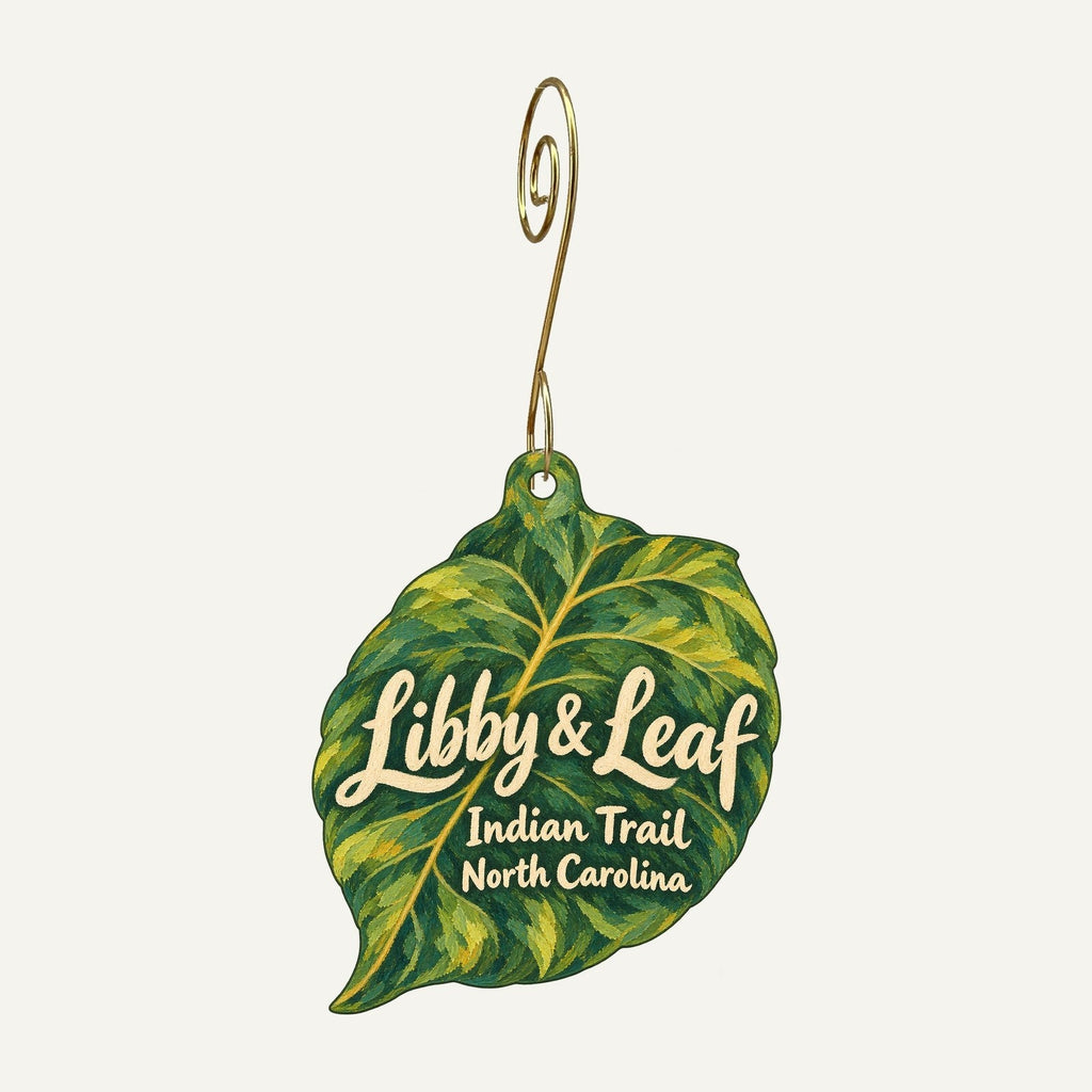 Libby & Leaf Logo custom wood ornament OC167 hanging on hook