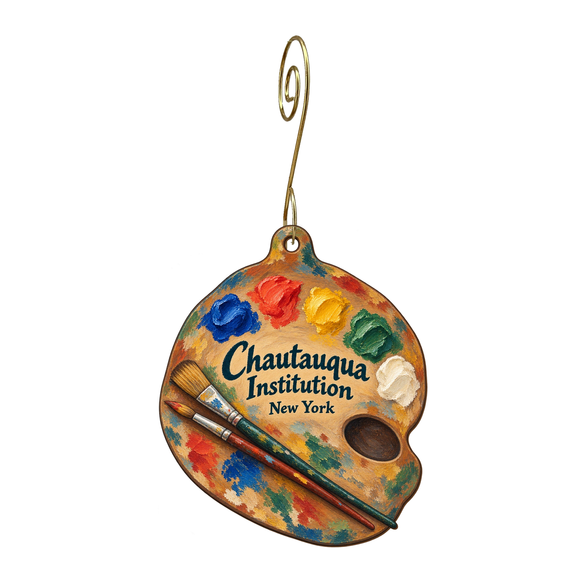 Chautauqua Institution — Store identity custom wood ornament OC1682, photographic gold spiral hook