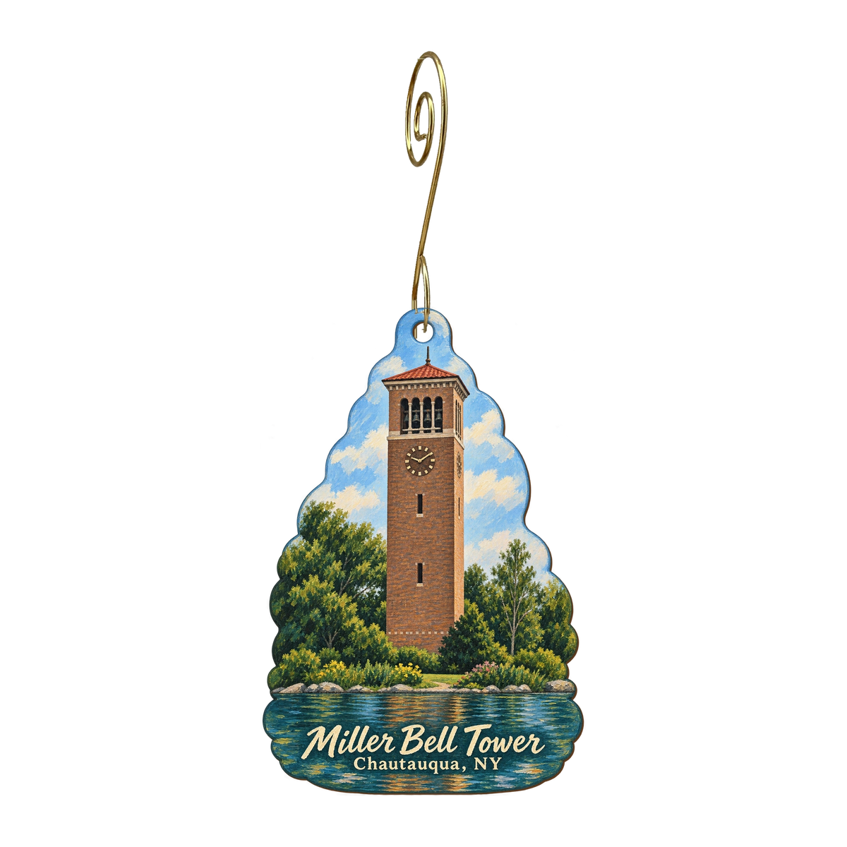 Chautauqua Institution — Local inspiration custom wood ornament OC1684, photographic gold spiral hook