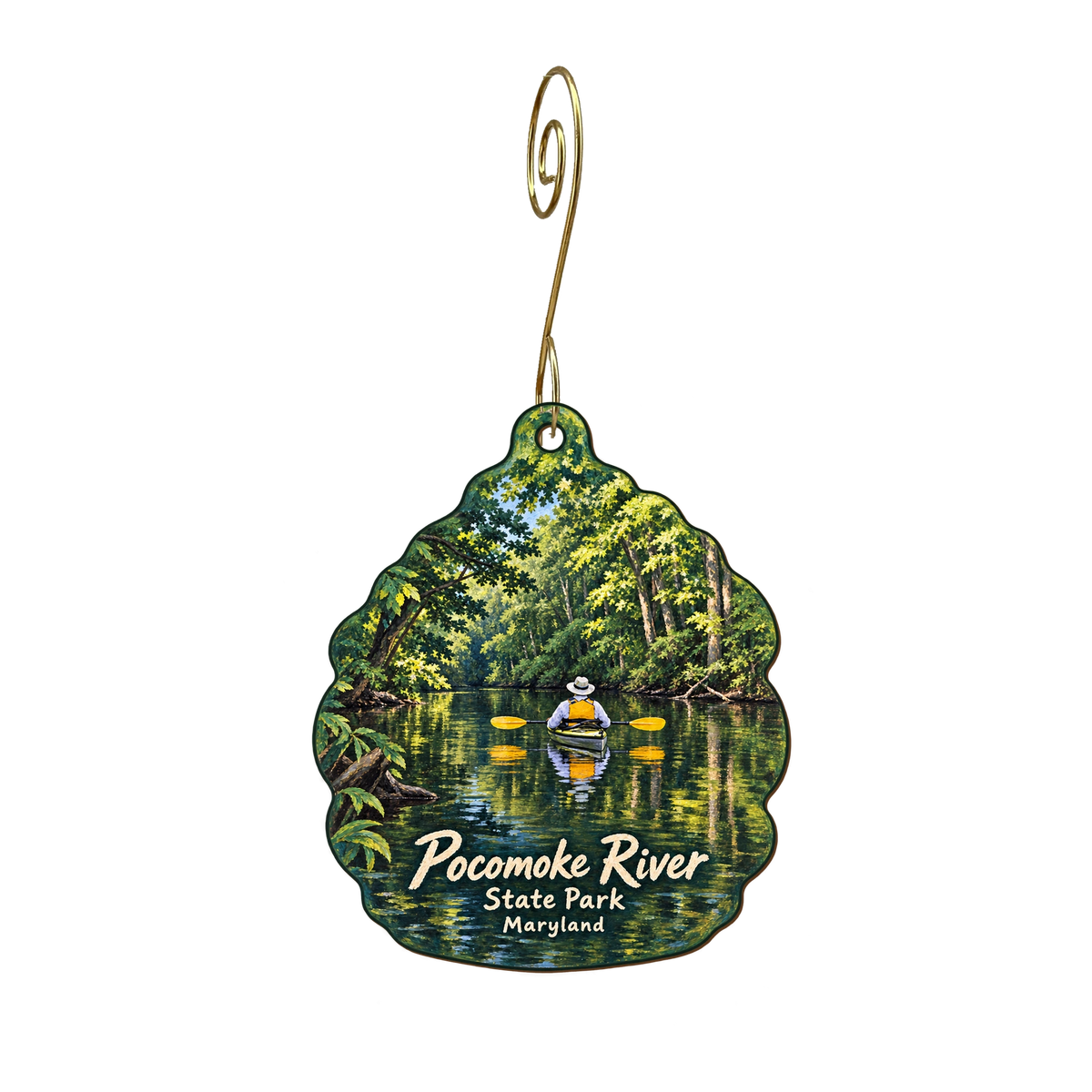 Pocomoke River State Park — Store identity custom wood ornament OC1685, photographic gold spiral hook