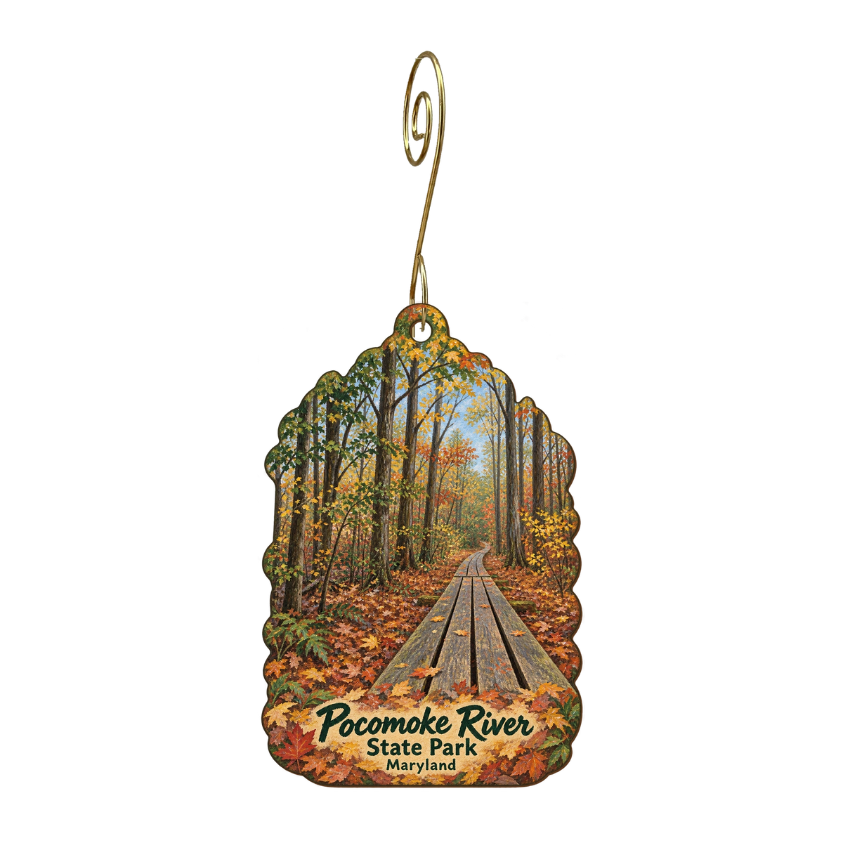 Pocomoke River State Park — Local inspiration custom wood ornament OC1687, photographic gold spiral hook