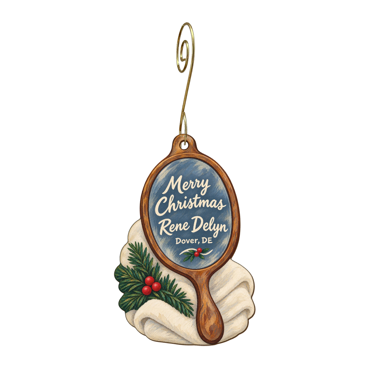 Rene Delyn Hair Color Experts — Christmas custom wood ornament OC1689, photographic gold spiral hook