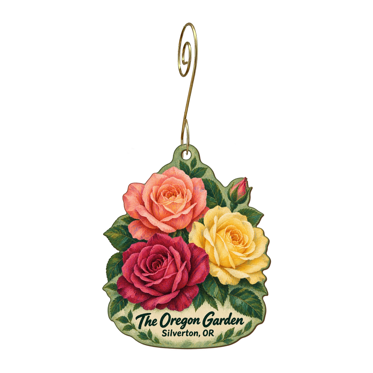 The Oregon Garden — Store identity custom wood ornament OC1691, photographic gold spiral hook