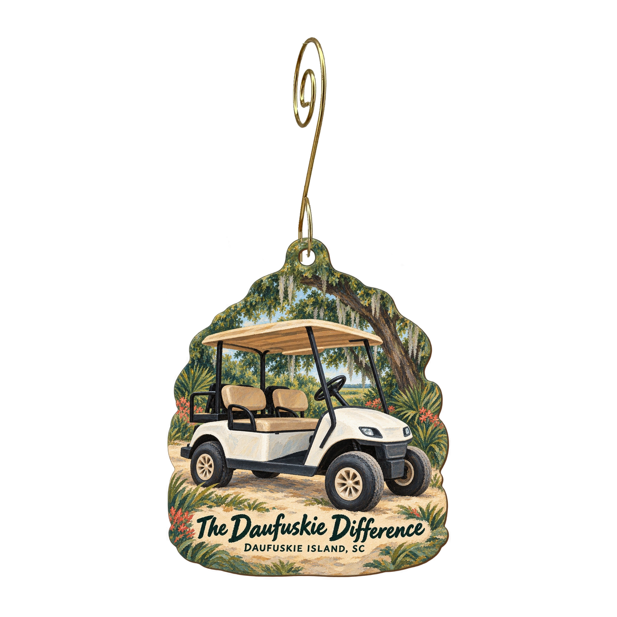 The Daufuskie Difference — Store identity custom wood ornament OC1694, photographic gold spiral hook
