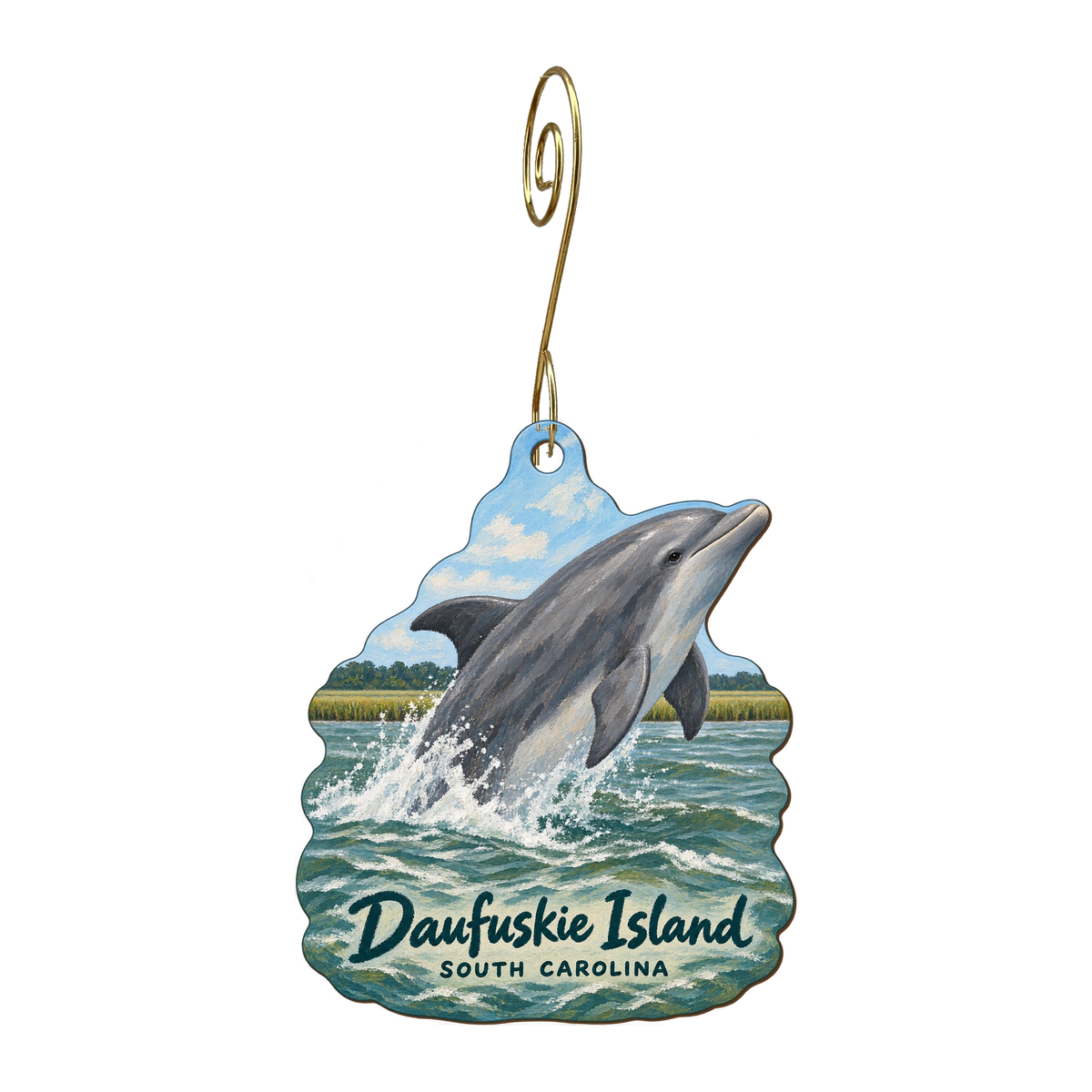 The Daufuskie Difference — Local inspiration custom wood ornament OC1696, photographic gold spiral hook