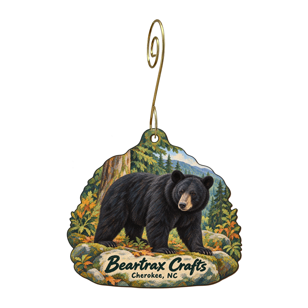 Teme Inc Bear Trax Crafts — Store identity custom wood ornament OC1697, photographic gold spiral hook