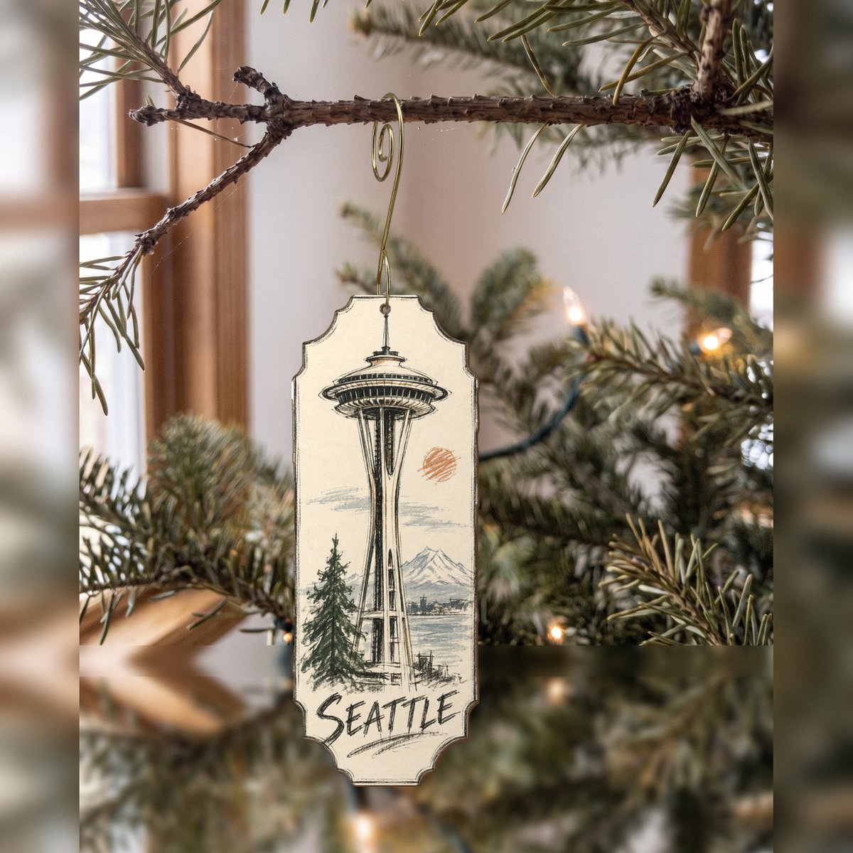 WA Seattle Loose Contour Sketch Custom Wood Ornament (OC16)
