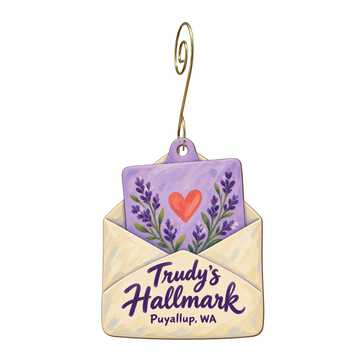 Trudy's Hallmark Store #80 — Store identity custom wood ornament OC1700, photographic gold spiral hook