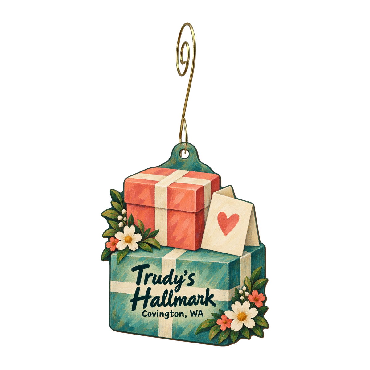 Trudy's Hallmark Store #88 — Store identity custom wood ornament OC1703, photographic gold spiral hook