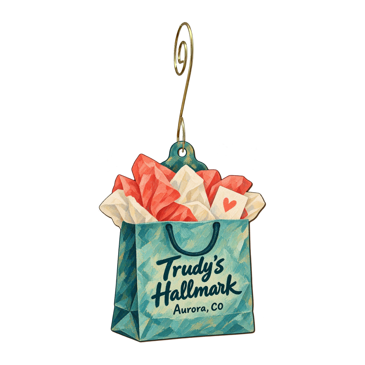 Trudy's Hallmark Store #93 — Store identity custom wood ornament OC1706, photographic gold spiral hook
