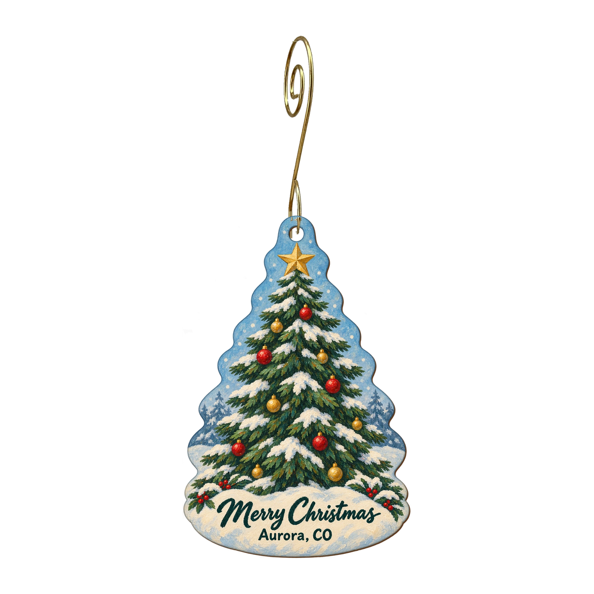 Trudy's Hallmark Store #93 — Christmas custom wood ornament OC1707, photographic gold spiral hook