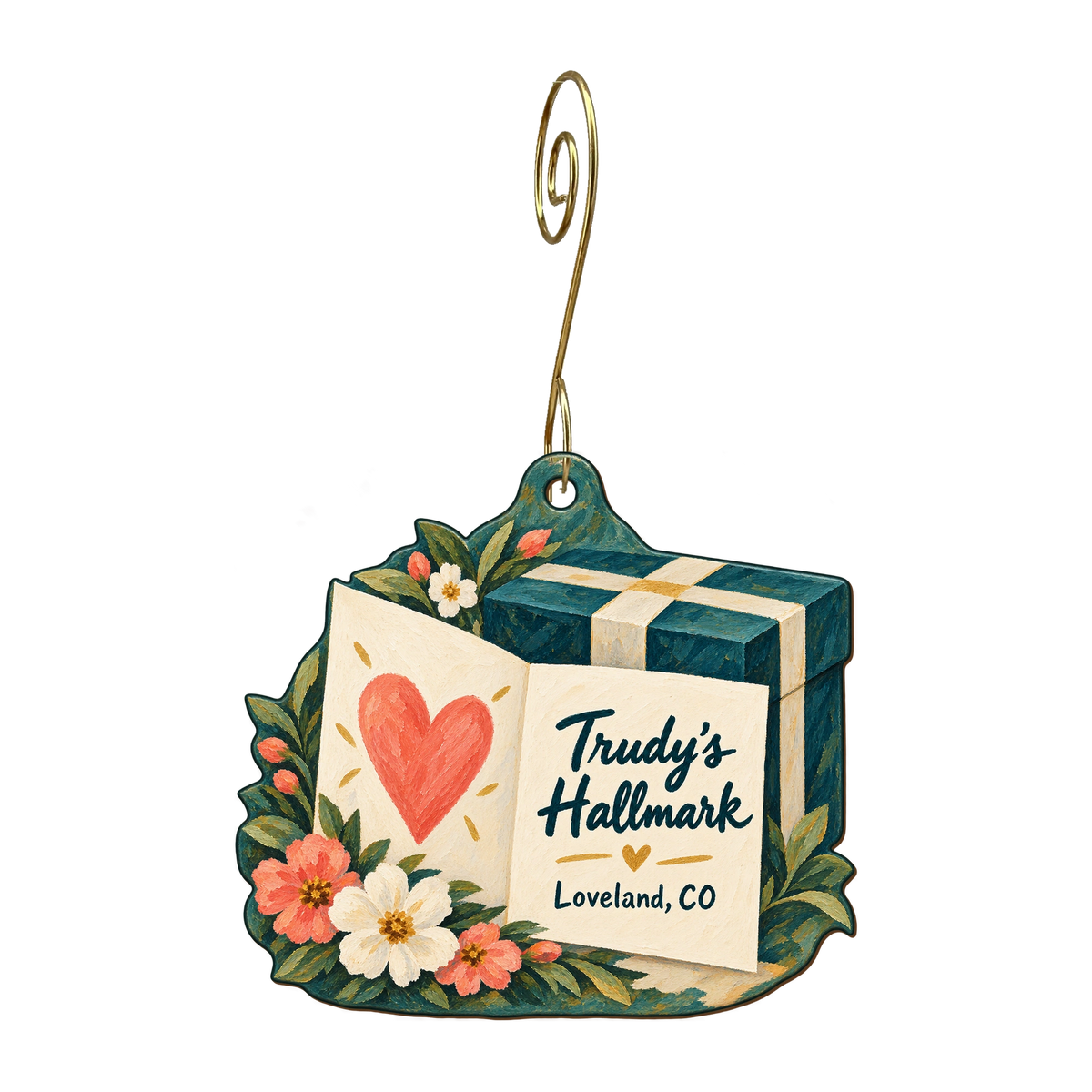 Trudy's Hallmark Store #100 — Store identity custom wood ornament OC1709, photographic gold spiral hook