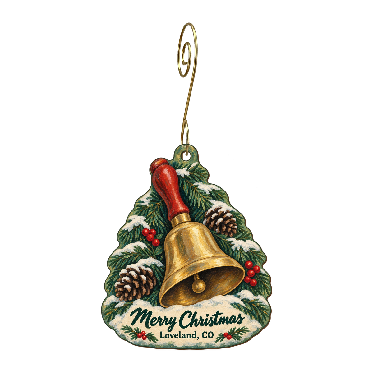 Trudy's Hallmark Store #100 — Christmas custom wood ornament OC1710, photographic gold spiral hook