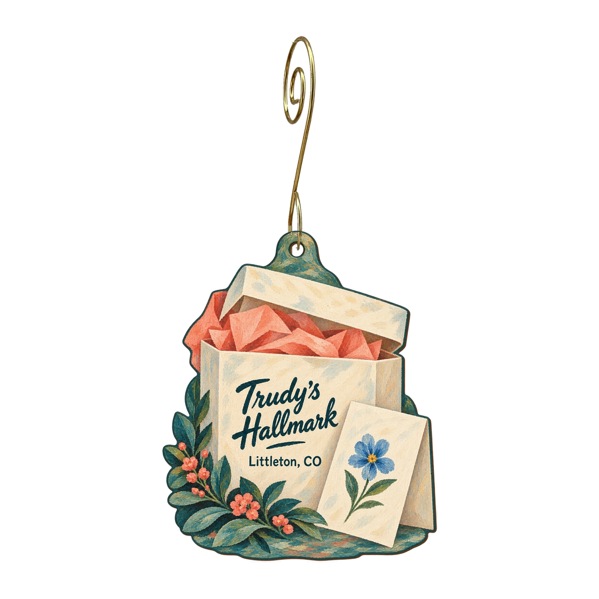 Trudy's Hallmark Store #101 — Store identity custom wood ornament OC1712, photographic gold spiral hook