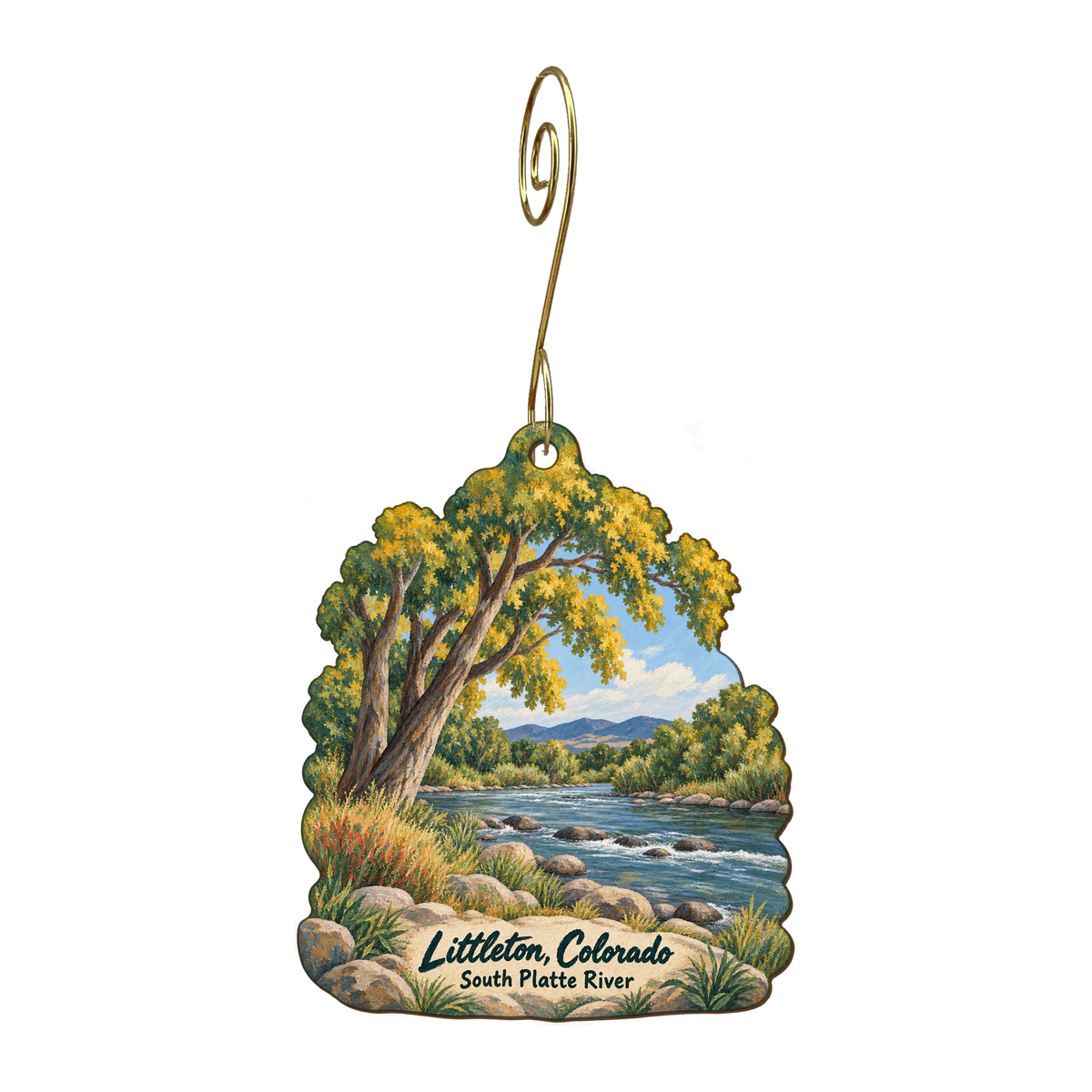 Trudy's Hallmark Store #101 — Local inspiration custom wood ornament OC1714, photographic gold spiral hook