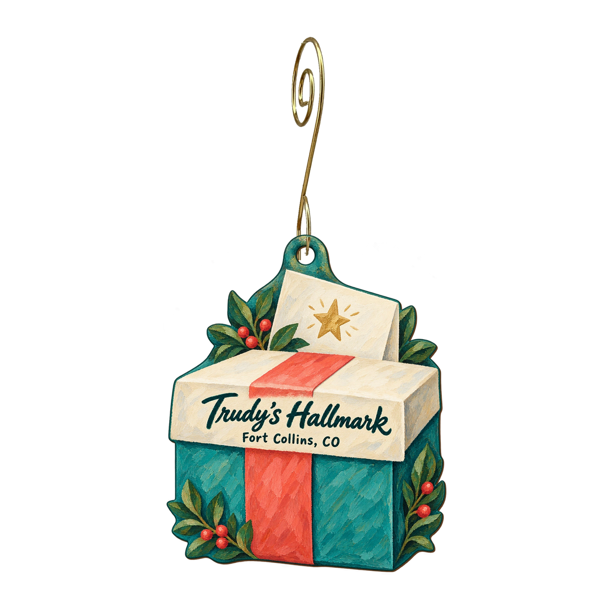 Trudy's Hallmark Store #102 — Store identity custom wood ornament OC1715, photographic gold spiral hook