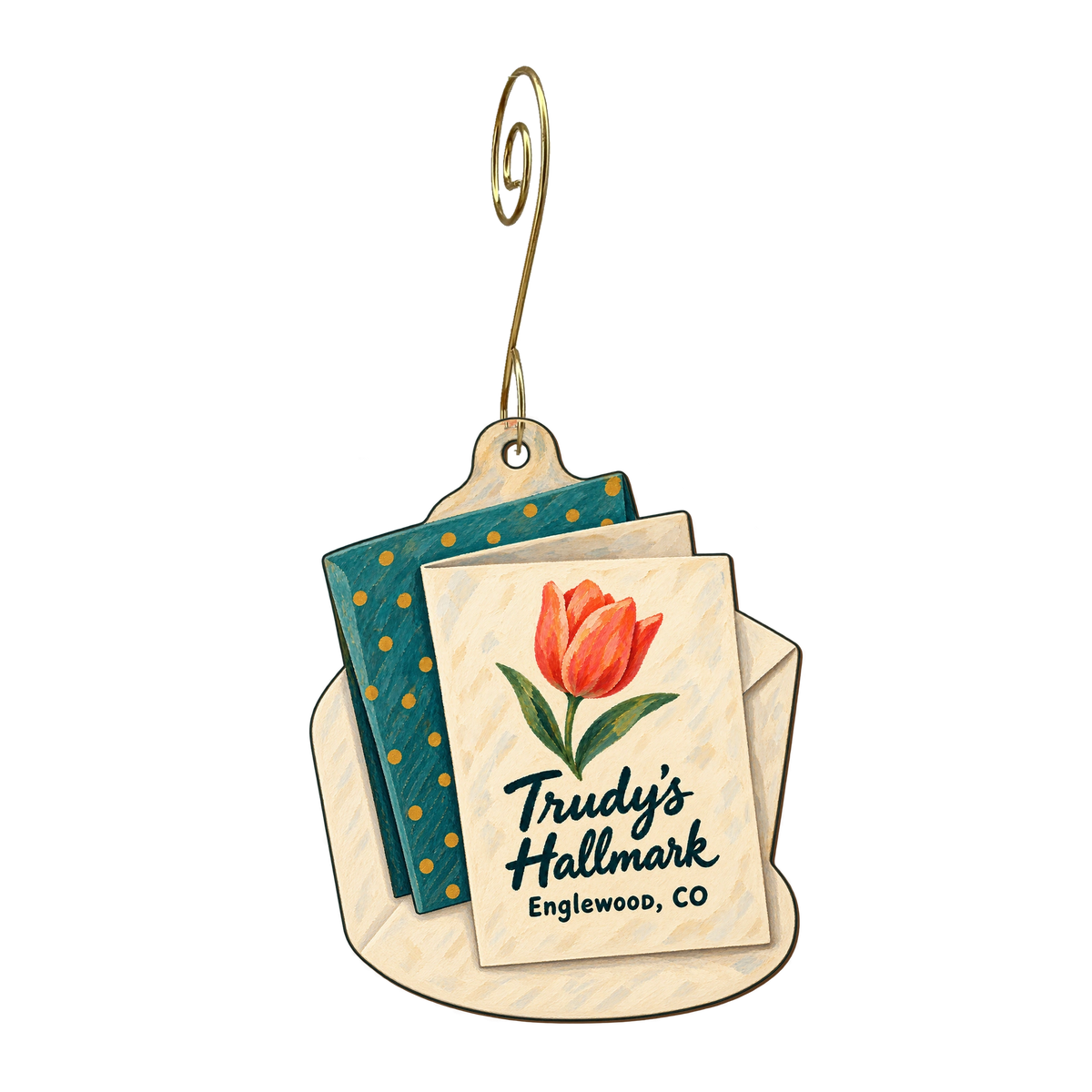 Trudy's Hallmark Store #103 — Store identity custom wood ornament OC1718, photographic gold spiral hook