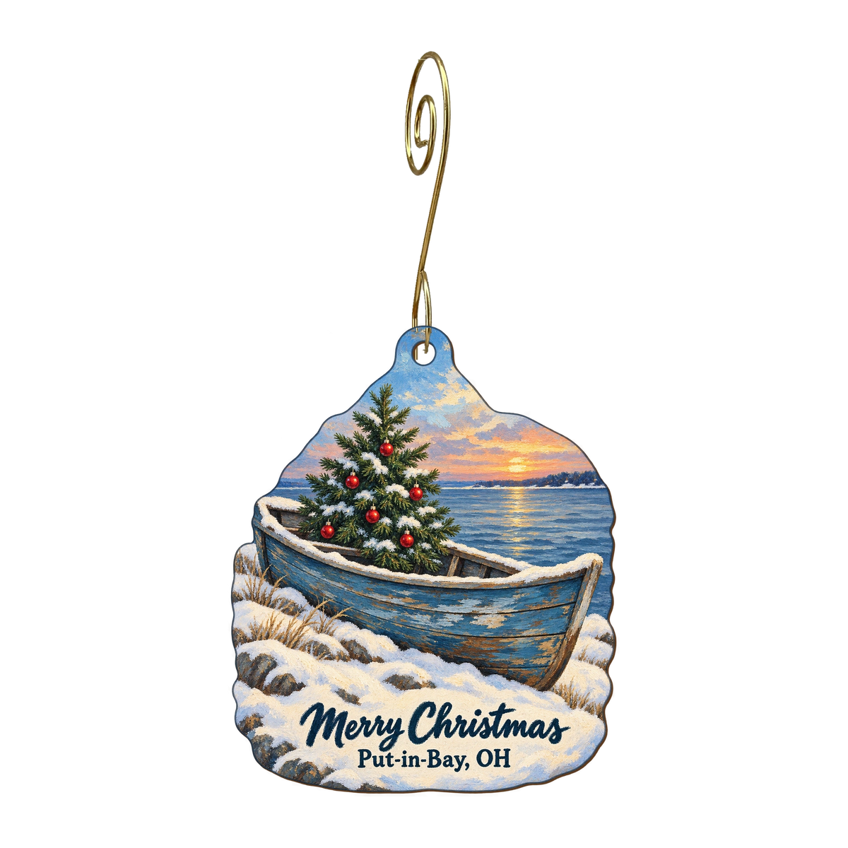 Island Supply — Christmas custom wood ornament OC1722, photographic gold spiral hook