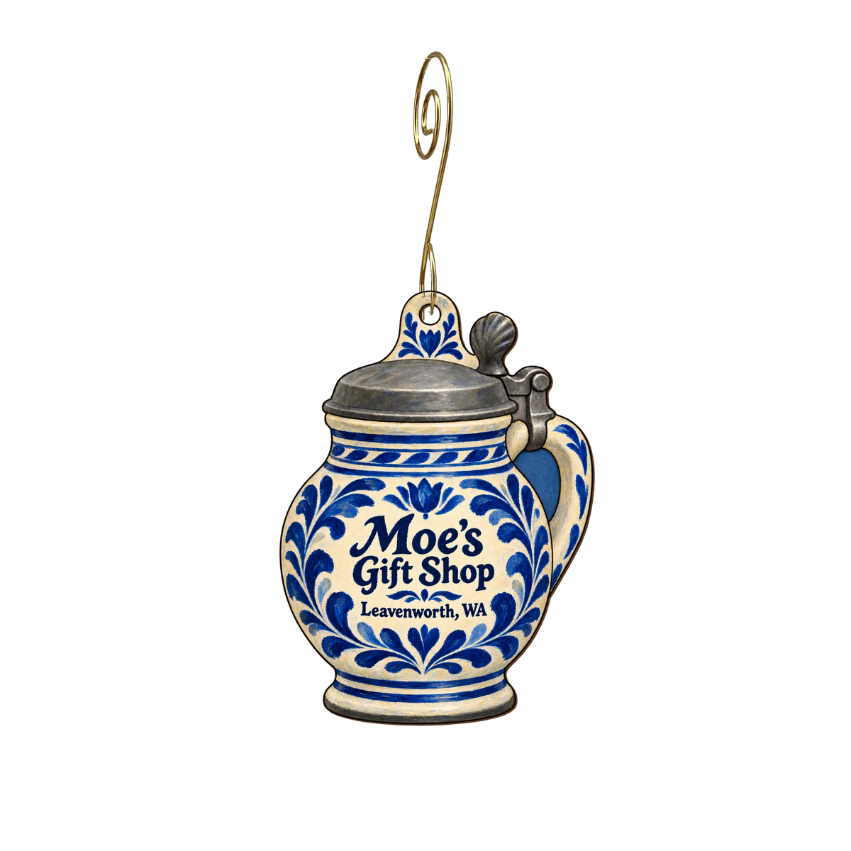 Moe's Gift Shop — Store identity custom wood ornament OC1724, photographic gold spiral hook