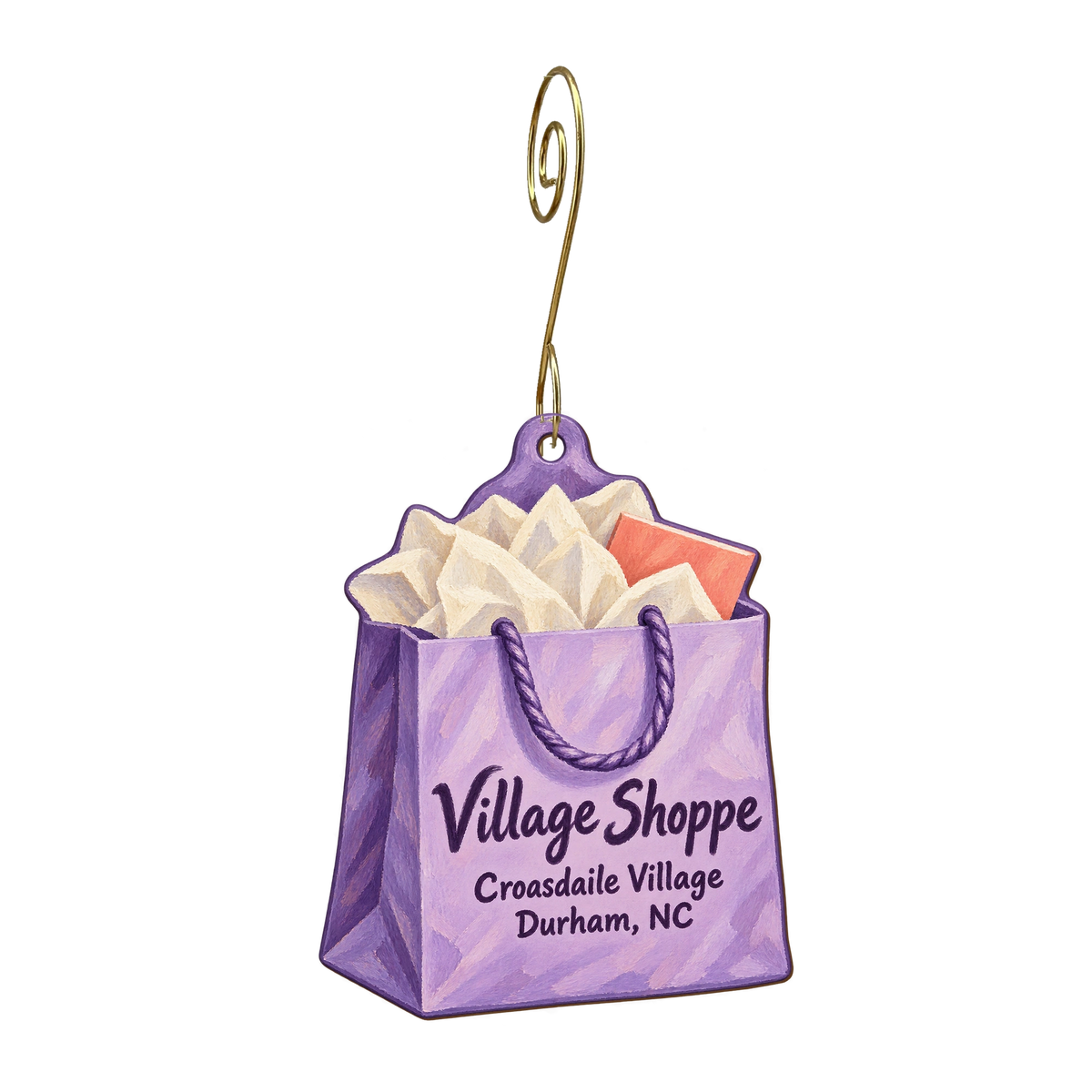 Village Shoppe — Store identity custom wood ornament OC1727, photographic gold spiral hook