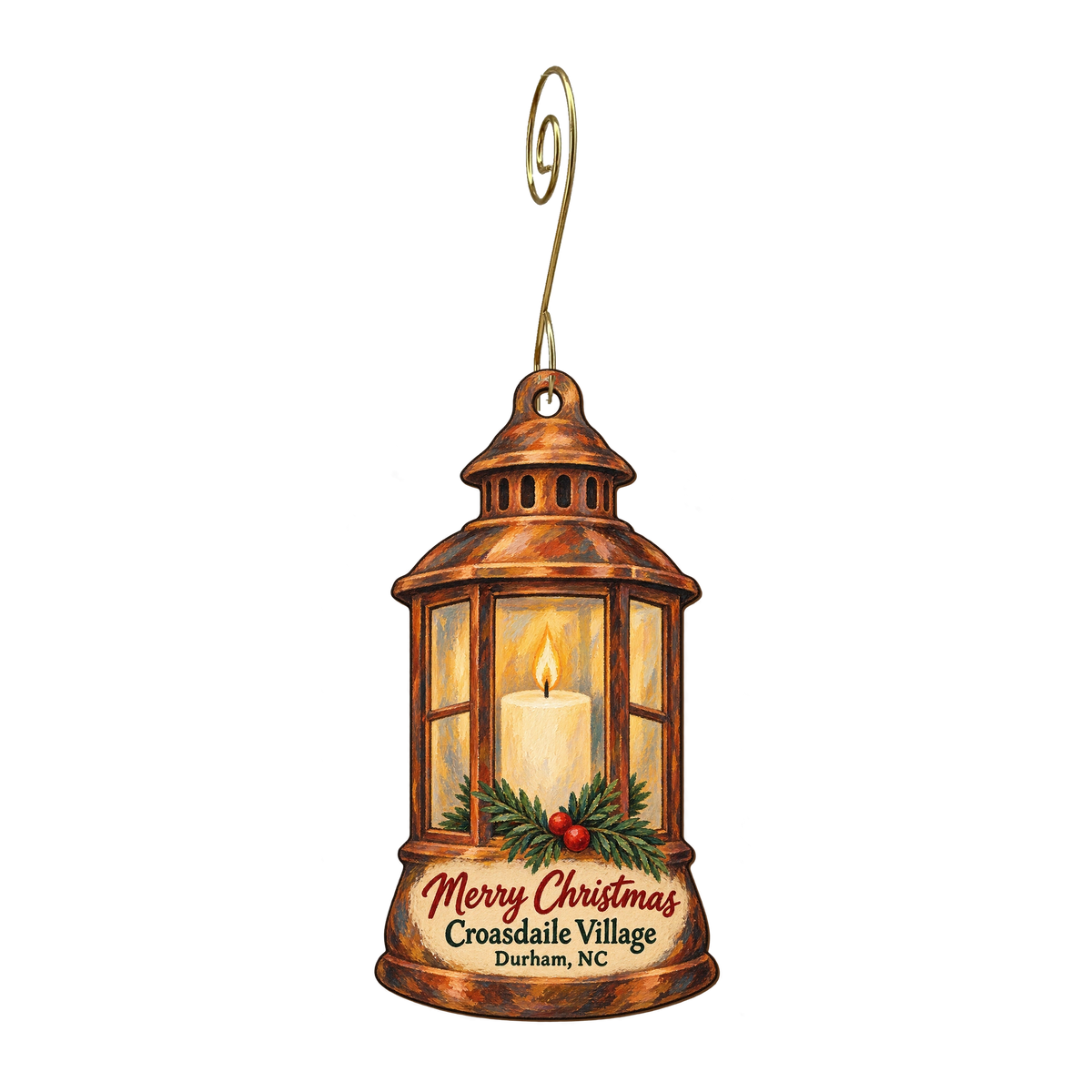 Village Shoppe — Christmas custom wood ornament OC1728, photographic gold spiral hook