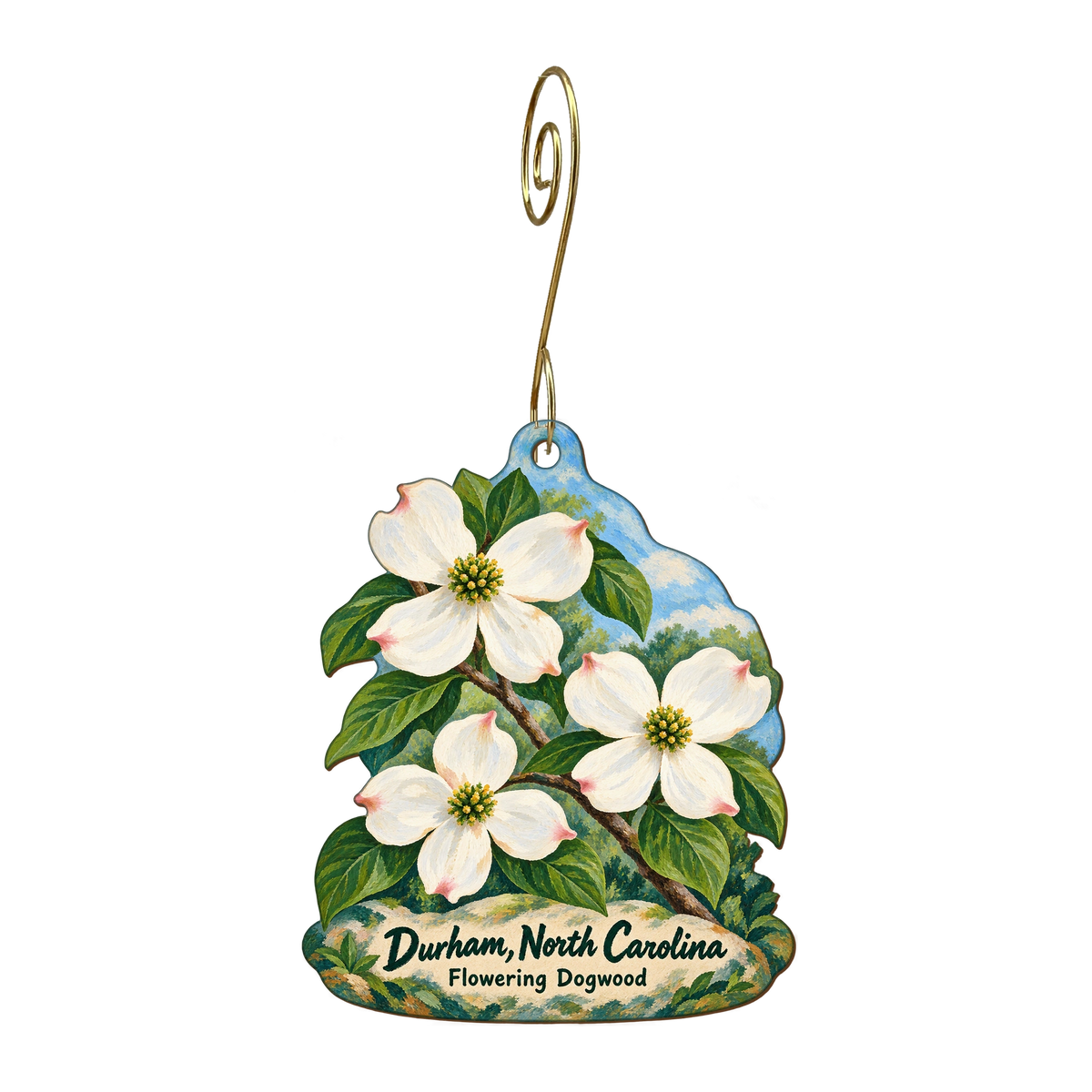 Village Shoppe — Local inspiration custom wood ornament OC1729, photographic gold spiral hook