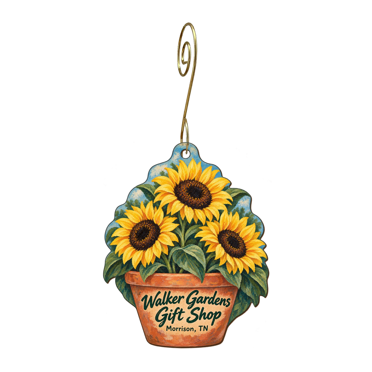 Walker Gardens Gift Shop — Store identity custom wood ornament OC1730, photographic gold spiral hook
