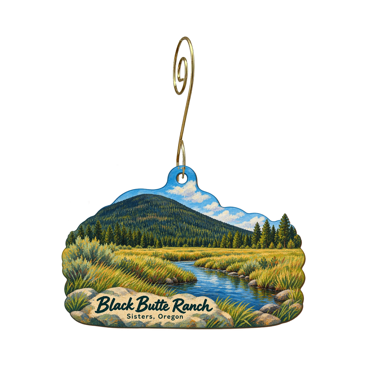 Black Butte Ranch — Store identity custom wood ornament OC1736, photographic gold spiral hook