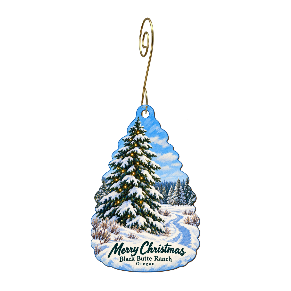 Black Butte Ranch — Christmas custom wood ornament OC1737, photographic gold spiral hook