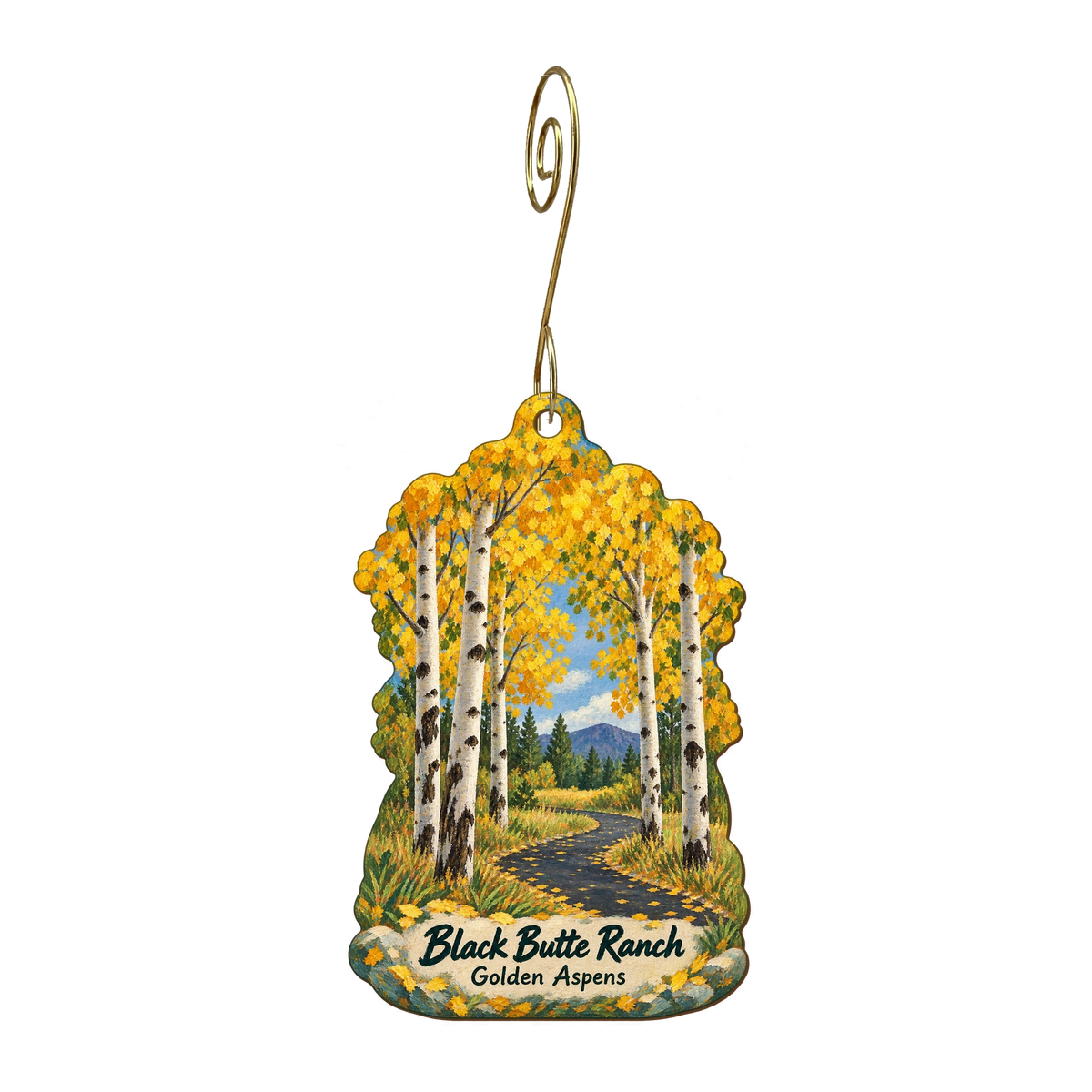 Black Butte Ranch — Local inspiration custom wood ornament OC1738, photographic gold spiral hook