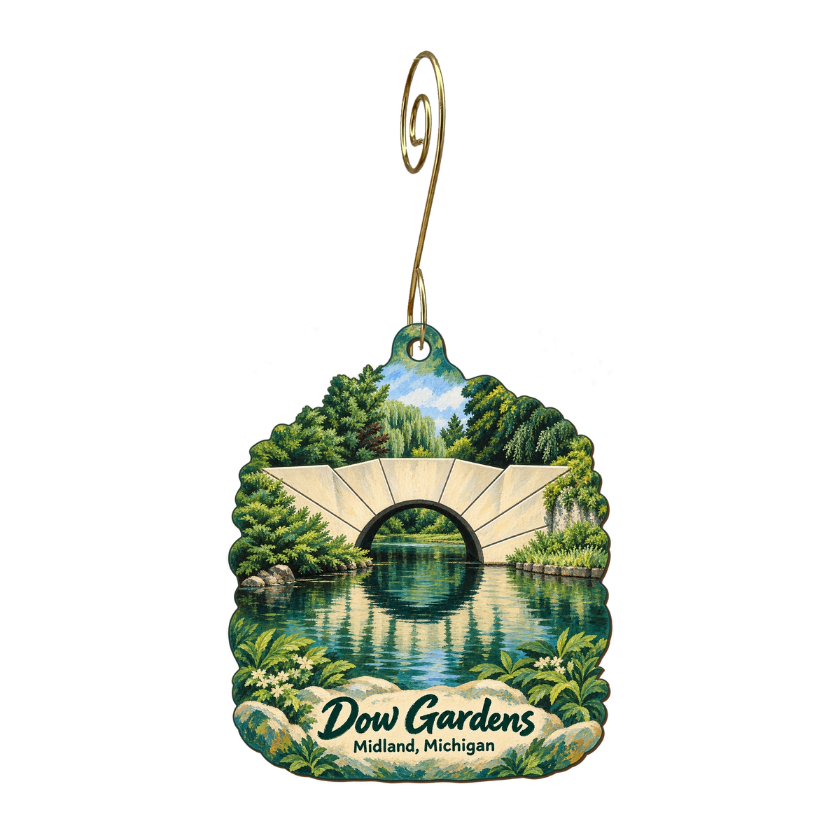 Dow Gardens — Store identity custom wood ornament OC1739, photographic gold spiral hook