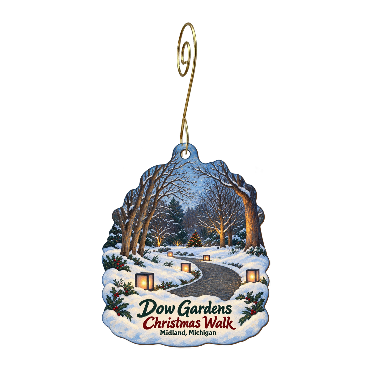 Dow Gardens — Christmas custom wood ornament OC1740, photographic gold spiral hook