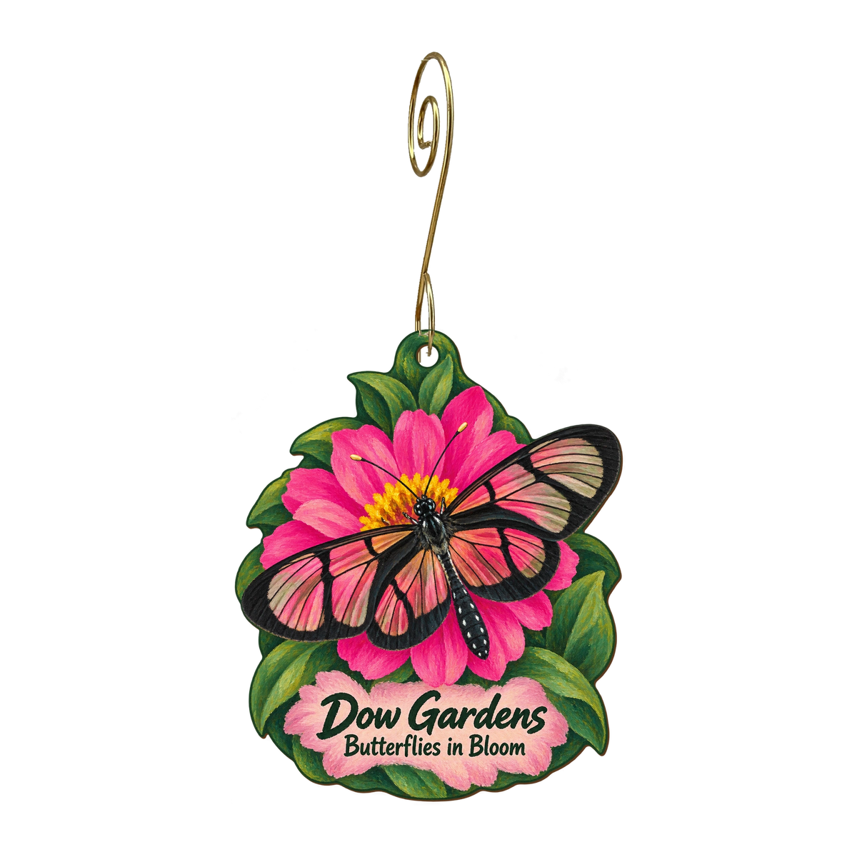 Dow Gardens — Local inspiration custom wood ornament OC1741, photographic gold spiral hook