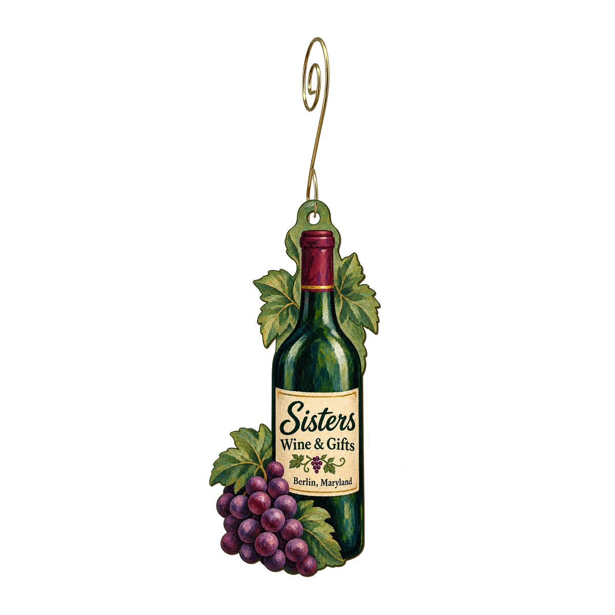 Sisters Wine and Gifts — Store identity custom wood ornament OC1742, photographic gold spiral hook