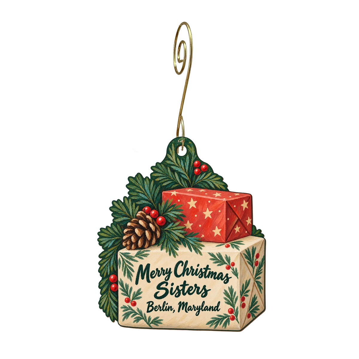 Sisters Wine and Gifts — Christmas custom wood ornament OC1743, photographic gold spiral hook