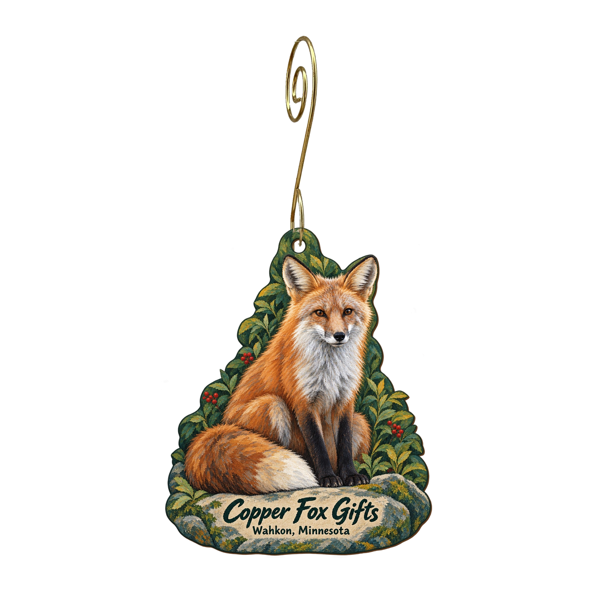 Copper Fox — Store identity custom wood ornament OC1745, photographic gold spiral hook