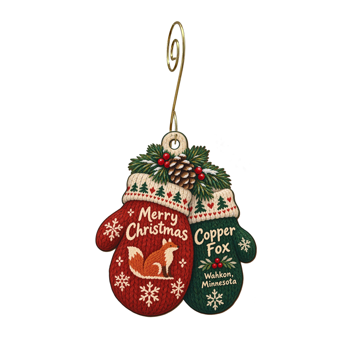 Copper Fox — Christmas custom wood ornament OC1746, photographic gold spiral hook