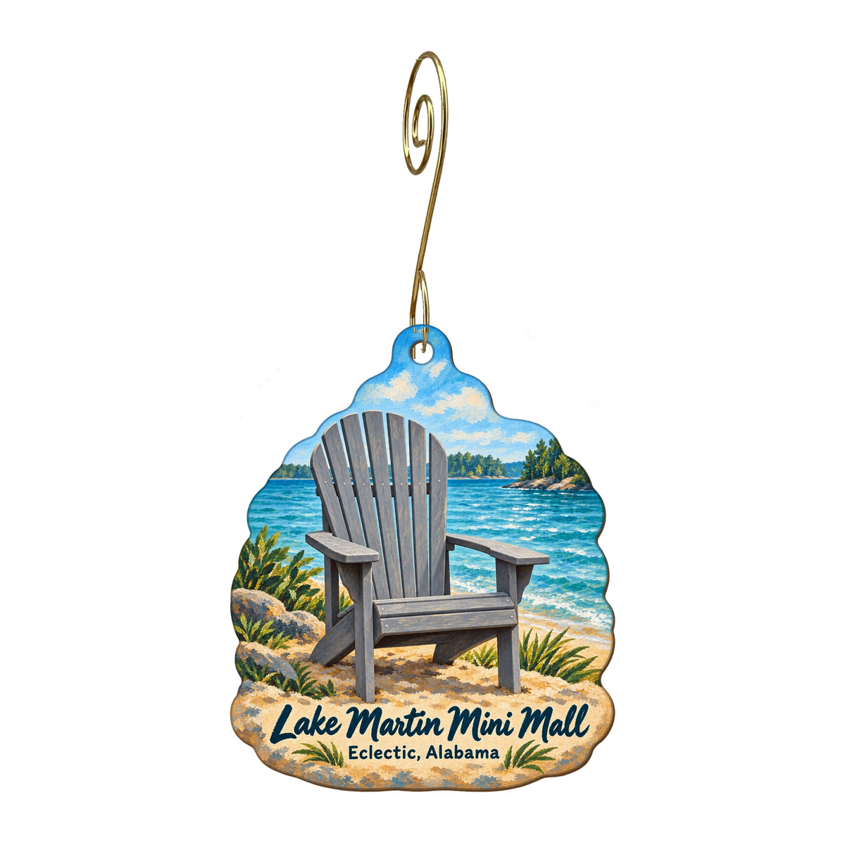 Lake Martin Mini Mall — Store identity custom wood ornament OC1748, photographic gold spiral hook