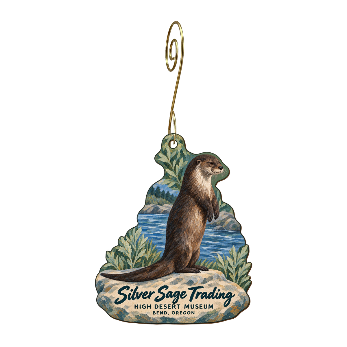 Silver Sage Trading — Store identity custom wood ornament OC1754, photographic gold spiral hook