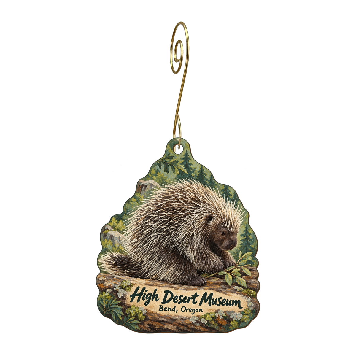 Silver Sage Trading — Local inspiration custom wood ornament OC1756, photographic gold spiral hook