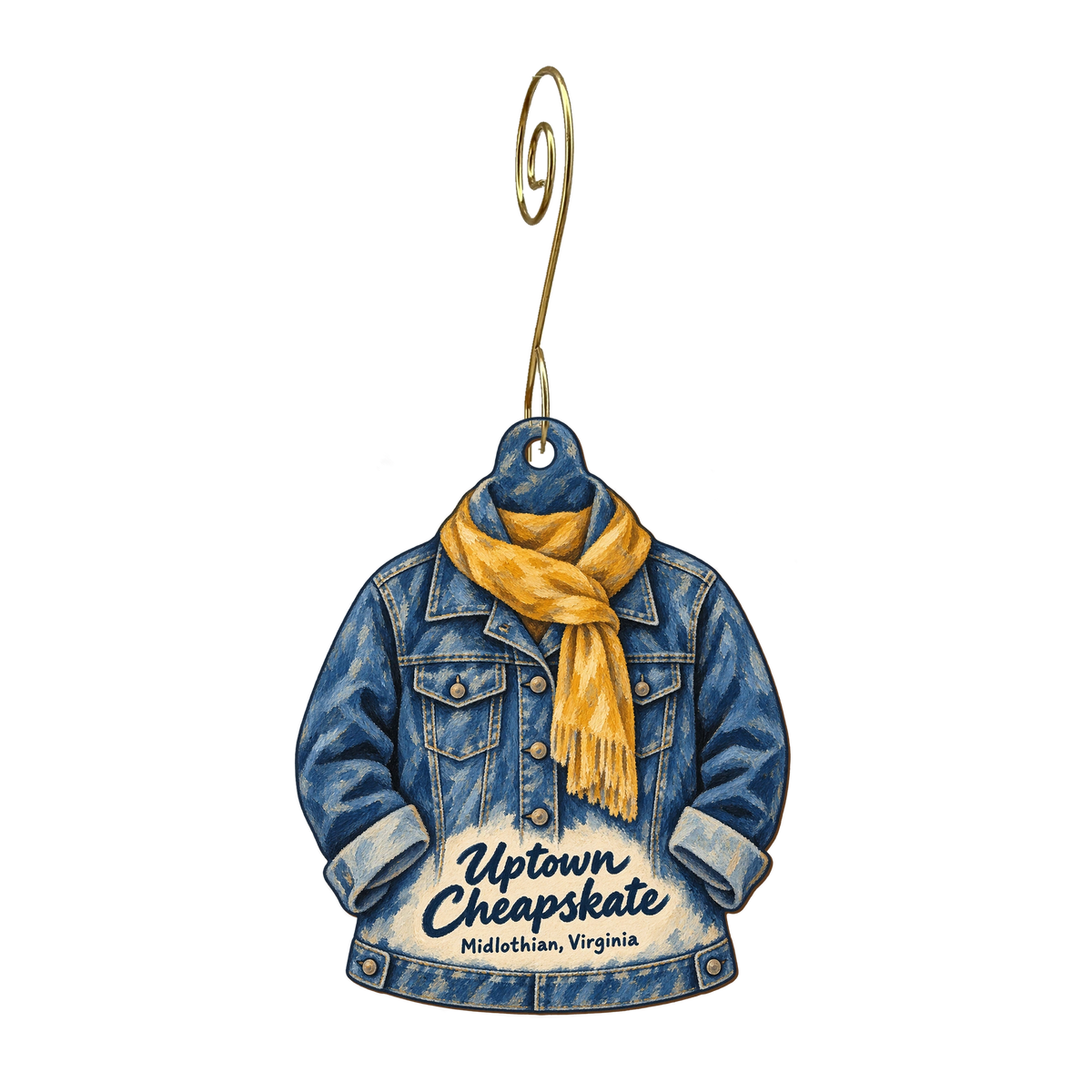 Uptown Cheapskate Midlothian — Store identity custom wood ornament OC1760, photographic gold spiral hook