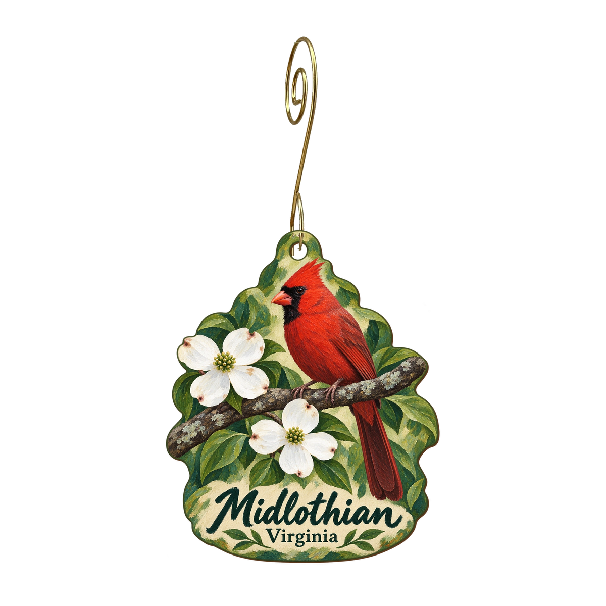 Uptown Cheapskate Midlothian — Local inspiration custom wood ornament OC1762, photographic gold spiral hook