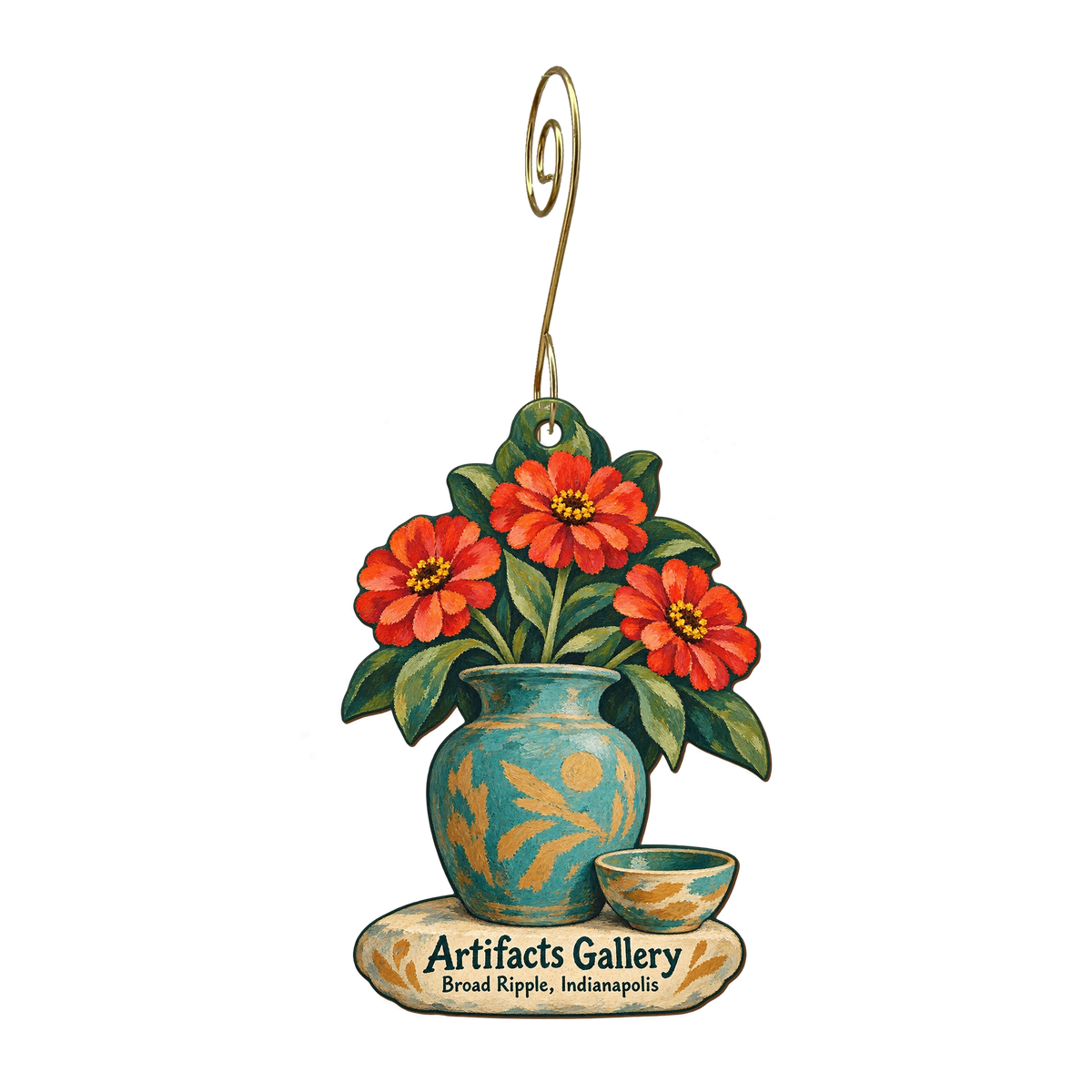 Artifacts Gallery — Store identity custom wood ornament OC1763, photographic gold spiral hook