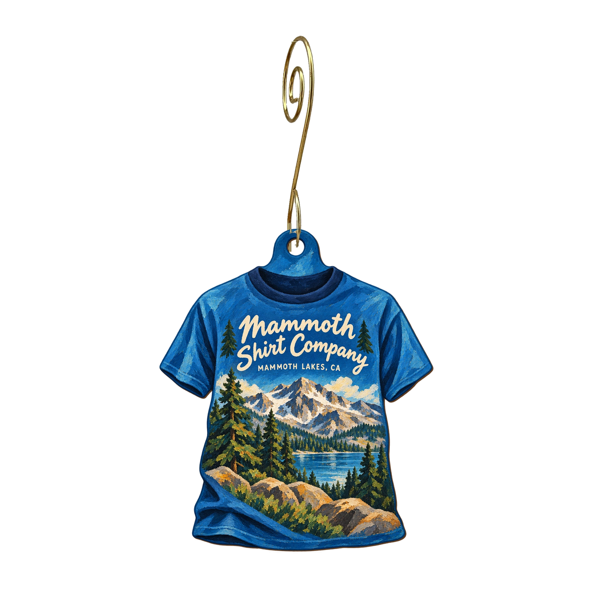 Mammoth Shirt Company — Store identity custom wood ornament OC1766, photographic gold spiral hook