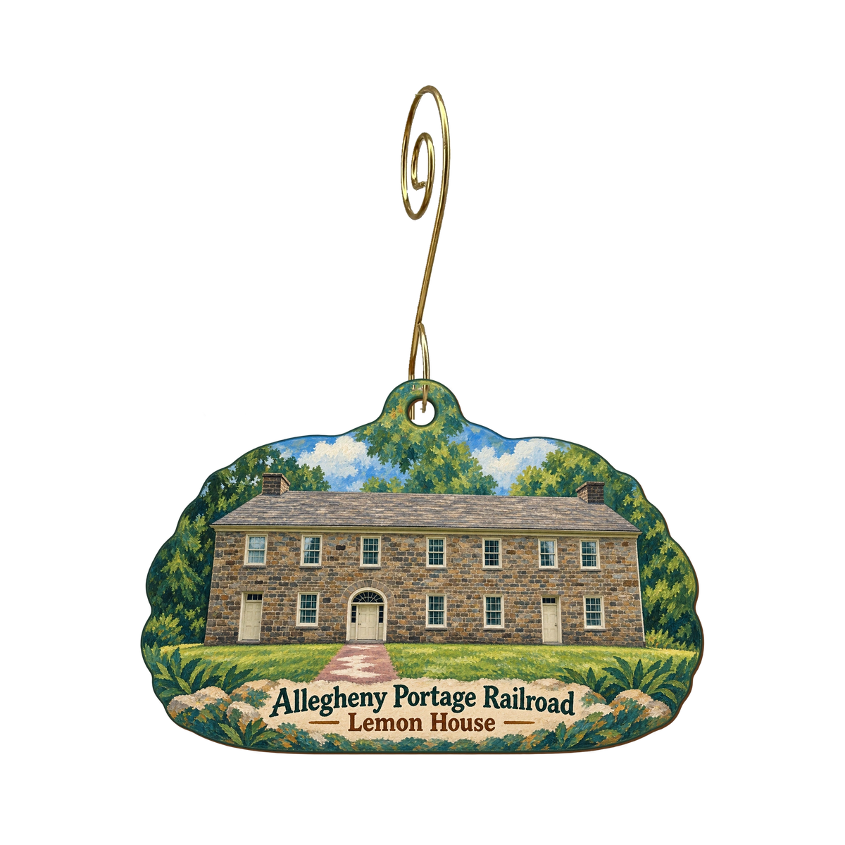 EN Allegheny Portage RR NHS — Store identity custom wood ornament OC1769, photographic gold spiral hook