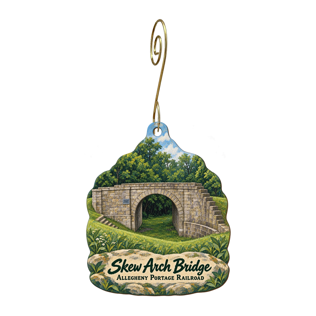 EN Allegheny Portage RR NHS — Local inspiration custom wood ornament OC1771, photographic gold spiral hook