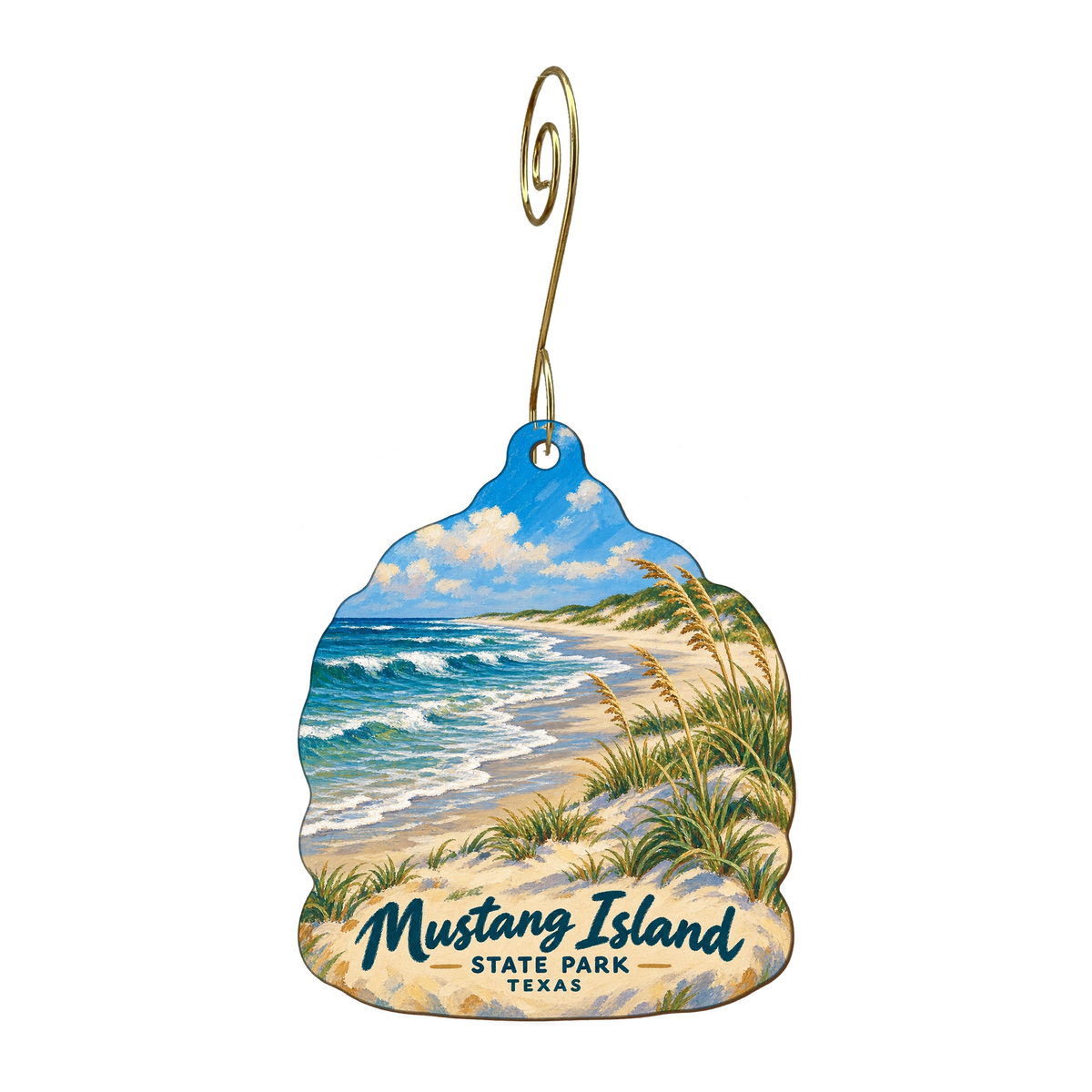 Mustang Island State Park — Store identity custom wood ornament OC1772, photographic gold spiral hook